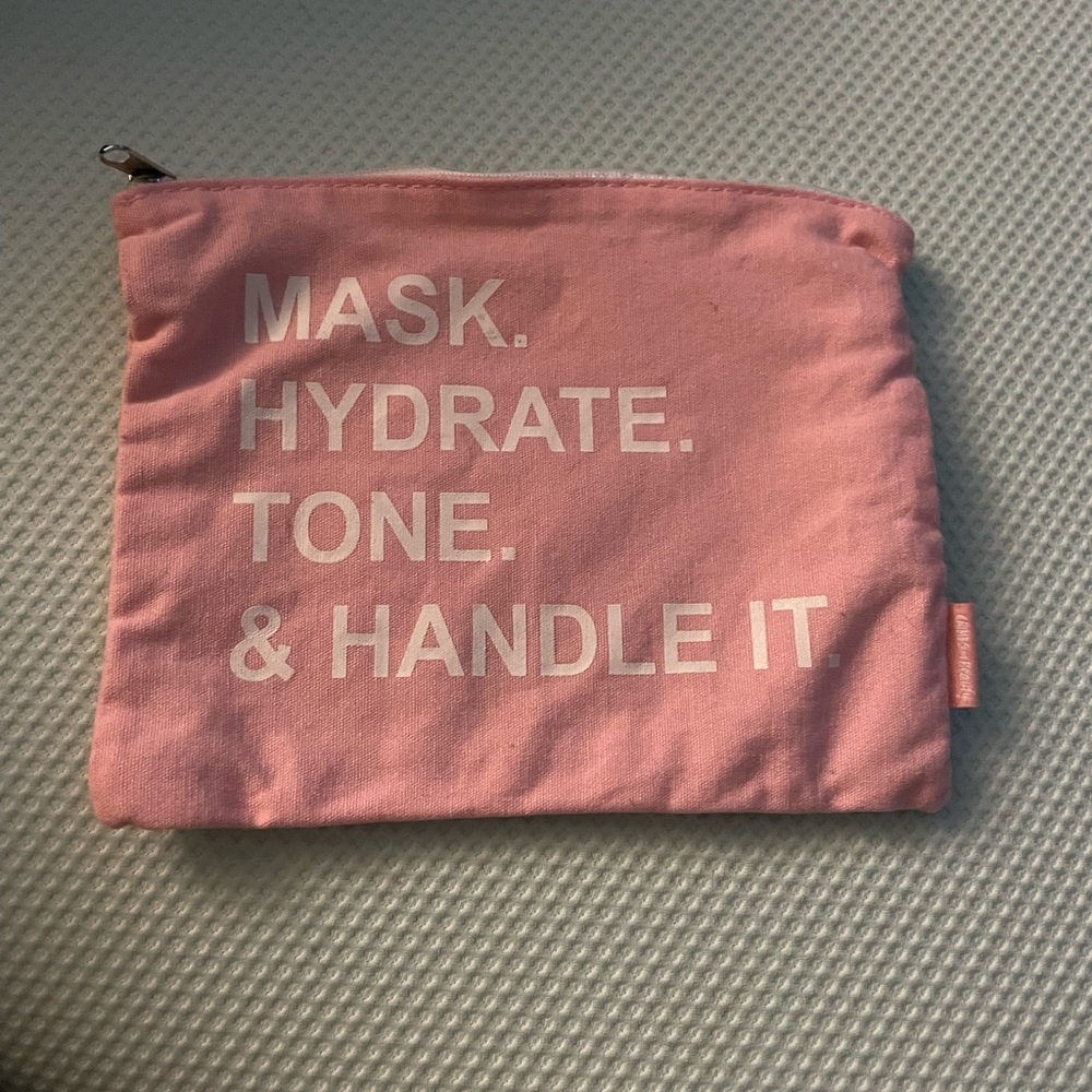 NWOT crimes of beauty Pink Cosmetic Pouch saying mask, hydrate,tone & handle it